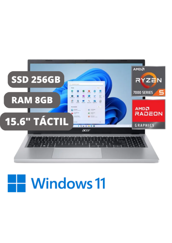 LAPTOP ACER ASPIRE 3 AMD RYZEN 5-7520U/ RAM DDR5 8GB /DISCO 256GB SSD/PANTALLA TÁCTIL 15.6" / WINDOWS 11